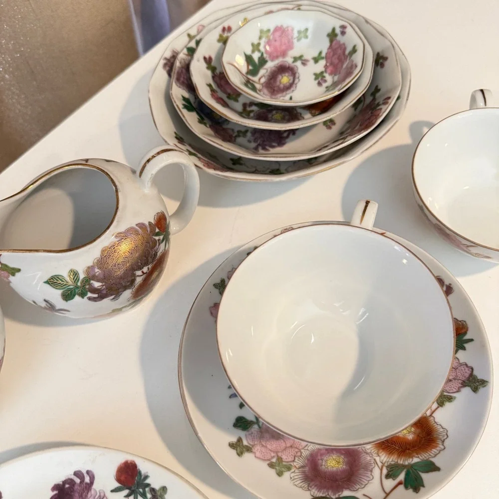 Vintage Japanese Kutani Porcelain Tea Set Floral Chrysanthemum Gold Gilt